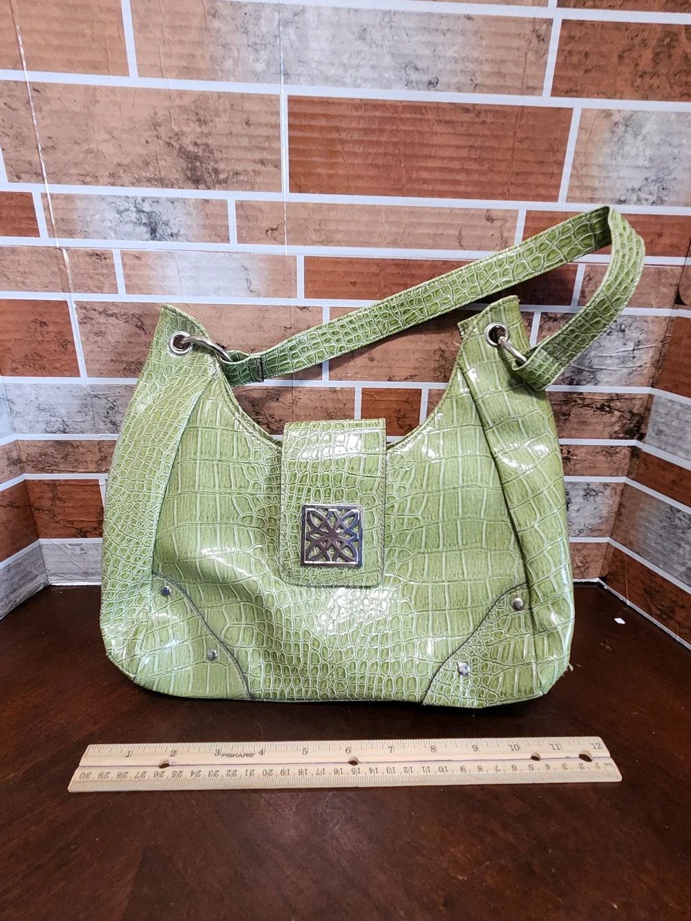 George Light Green Croc-Embossed Hobo with Silver Medallion